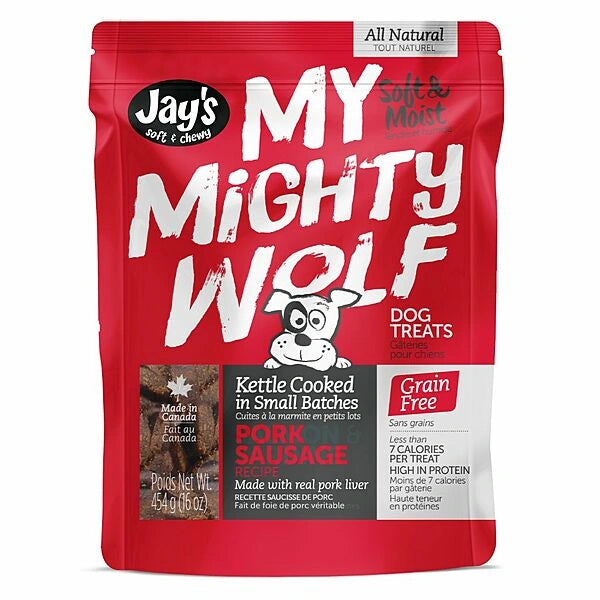 Red package of Jay's My Mighty Wolf dog treats on a white background