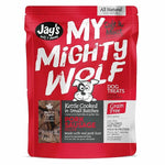 Red package of Jay's My Mighty Wolf dog treats on a white background