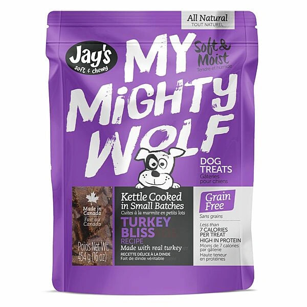 Purple package of Jay's My Mighty Wolf dog treats on a white background