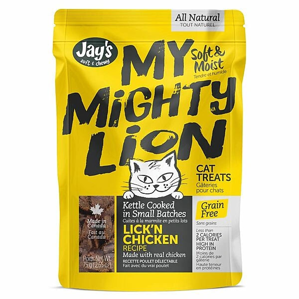 Yellow package of Jay's My Mighty Lion cat treats on a white background