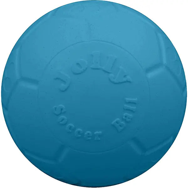 Durable Jolly Pets 8" dog soccer ball in ocean blue, made of puncture-resistant JollyFlex material