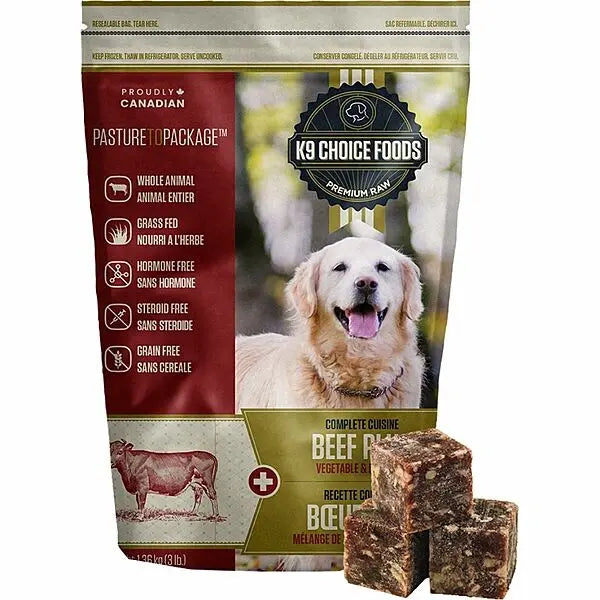 K9 Choice Foods dog food package with a dog on the label and three pieces of raw dog food in front.