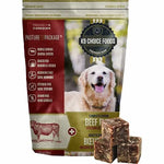 K9 Choice Foods dog food package with a dog on the label and three pieces of raw dog food in front.