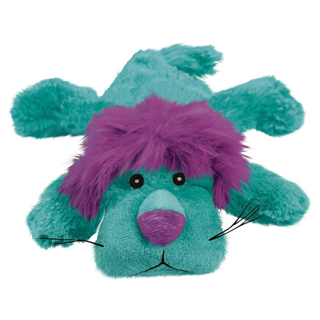 Plush toy with teal body and purple fur on a white background