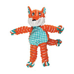 Plush toy fox with orange and blue pattern on a white background