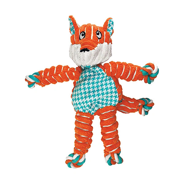 Plush toy fox with orange and blue pattern on a white background