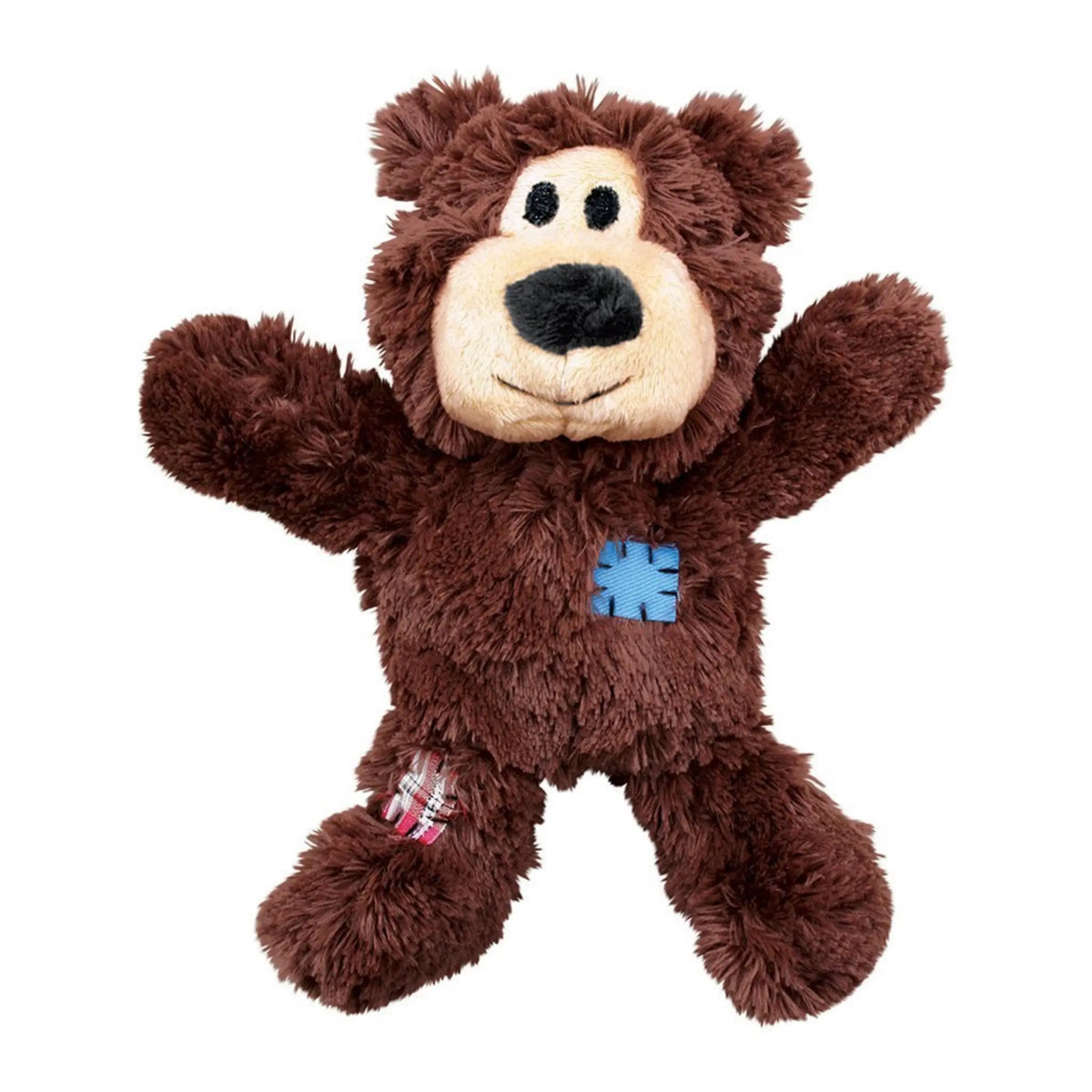 Brown teddy bear plush toy with a blue patch on a white background
