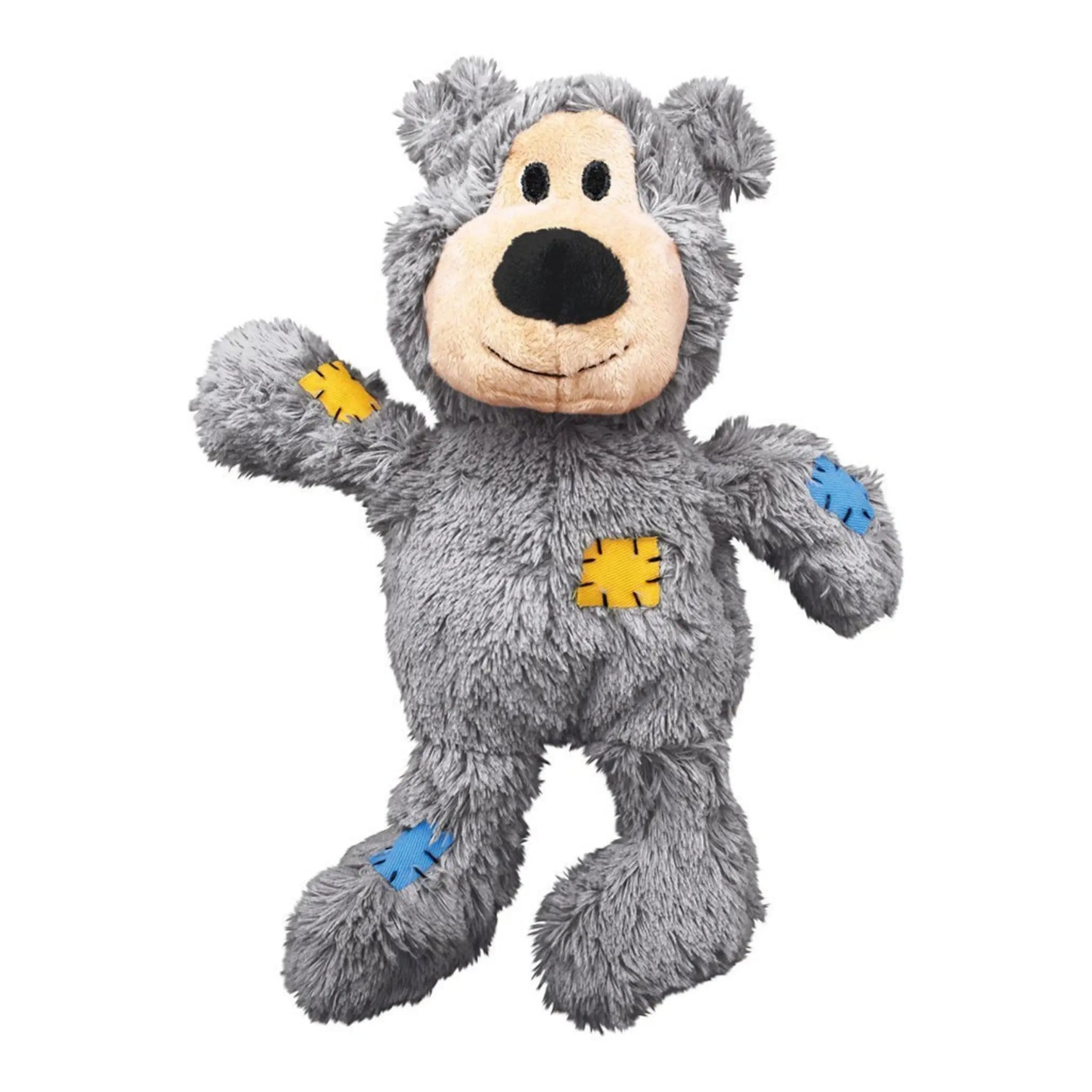 Gray plush bear toy with colorful patches on a white background