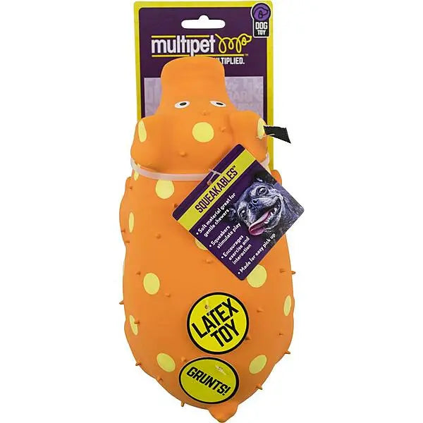 Orange dog toy with yellow polka dots on a white background, featuring the brand 'Multipet'.