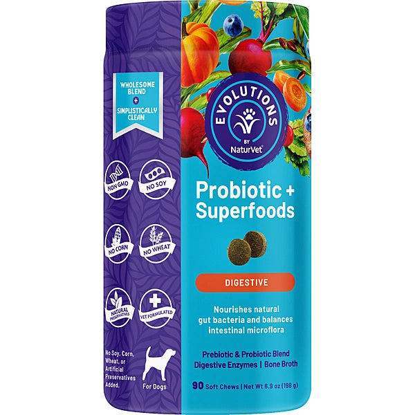 Evolutions Probiotic + Superfoods package for dogs on a white background