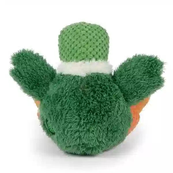 Green plush duck toy on a white background