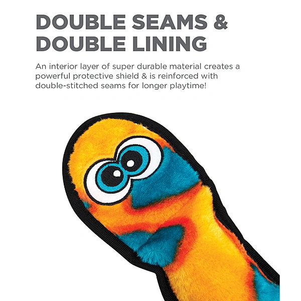 Colorful toy with double seams and double lining text on a white background