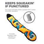 Colorful snake-shaped toy with jumbo invincibles squeakers on a white background