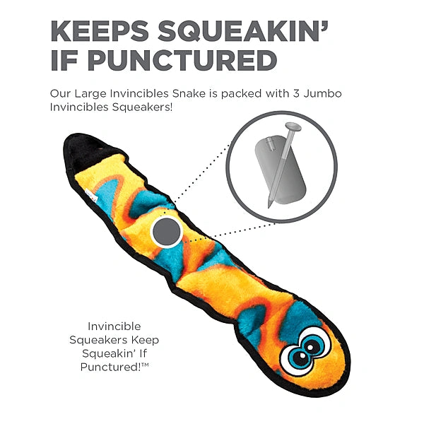 Colorful snake-shaped toy with jumbo invincibles squeakers on a white background