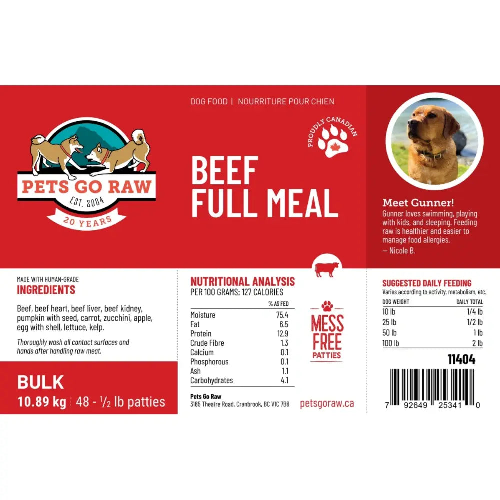 Dog food package label for 'Beef Full Meal' by Pets Go Raw on a red background.