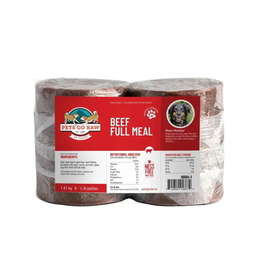 One package of Pets Go Raw Beef Full Meal dog food on a white background