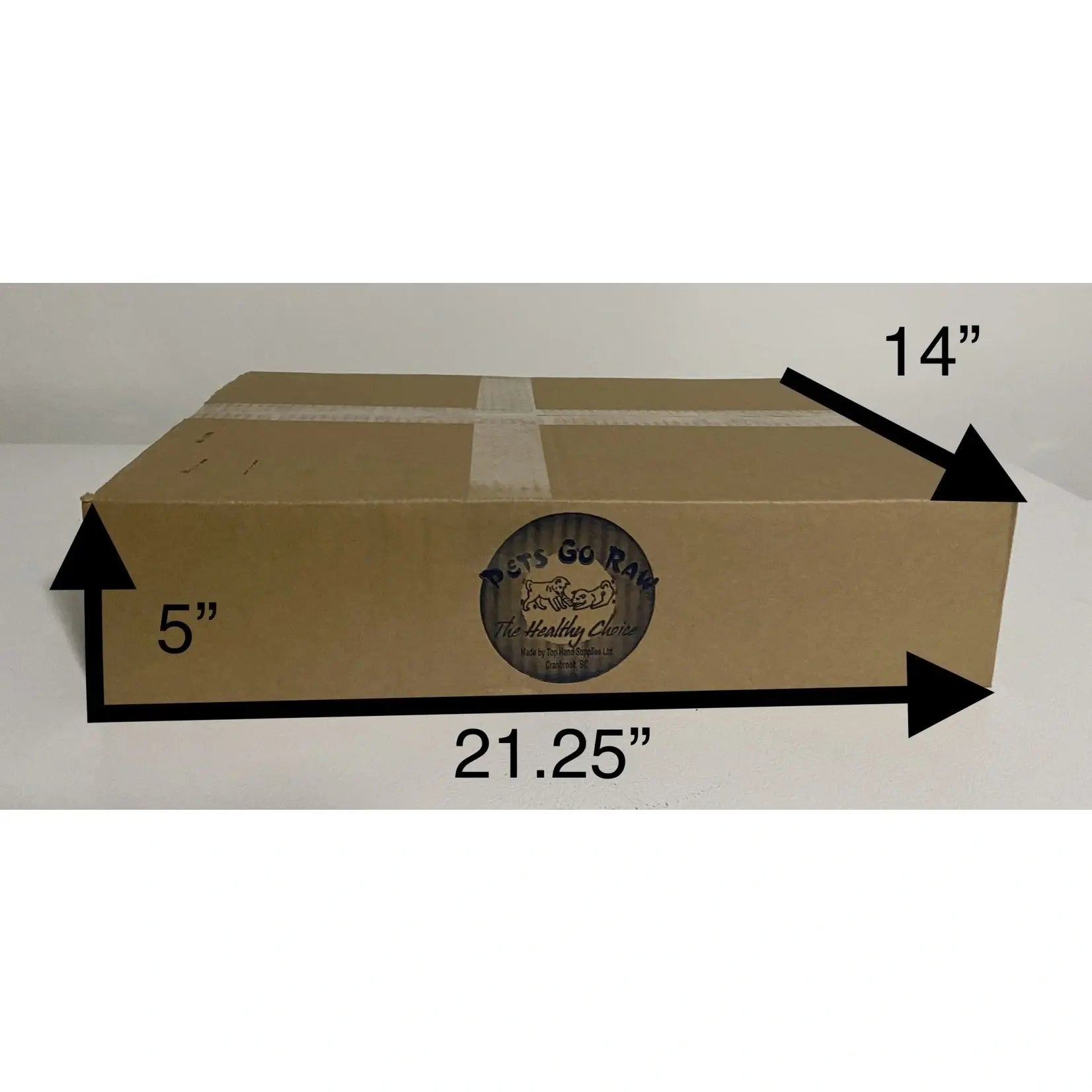 Cardboard box with dimensions labeled on a white background