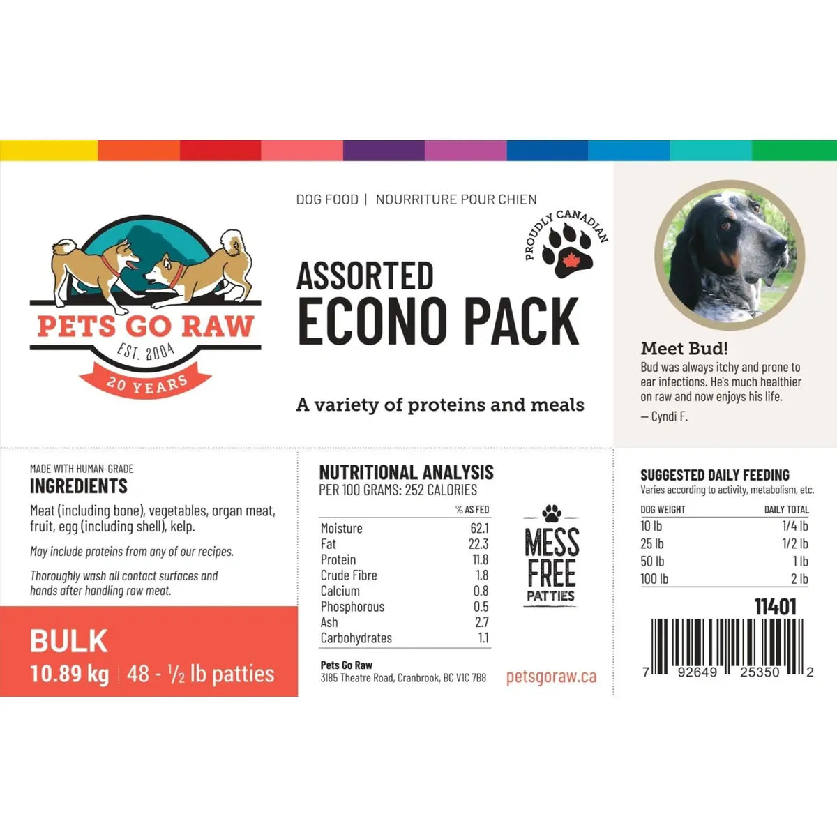 Label of Pets Go Raw assorted econo pack dog food with nutritional information and branding details.