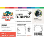 Label of Pets Go Raw assorted econo pack dog food with nutritional information and branding details.