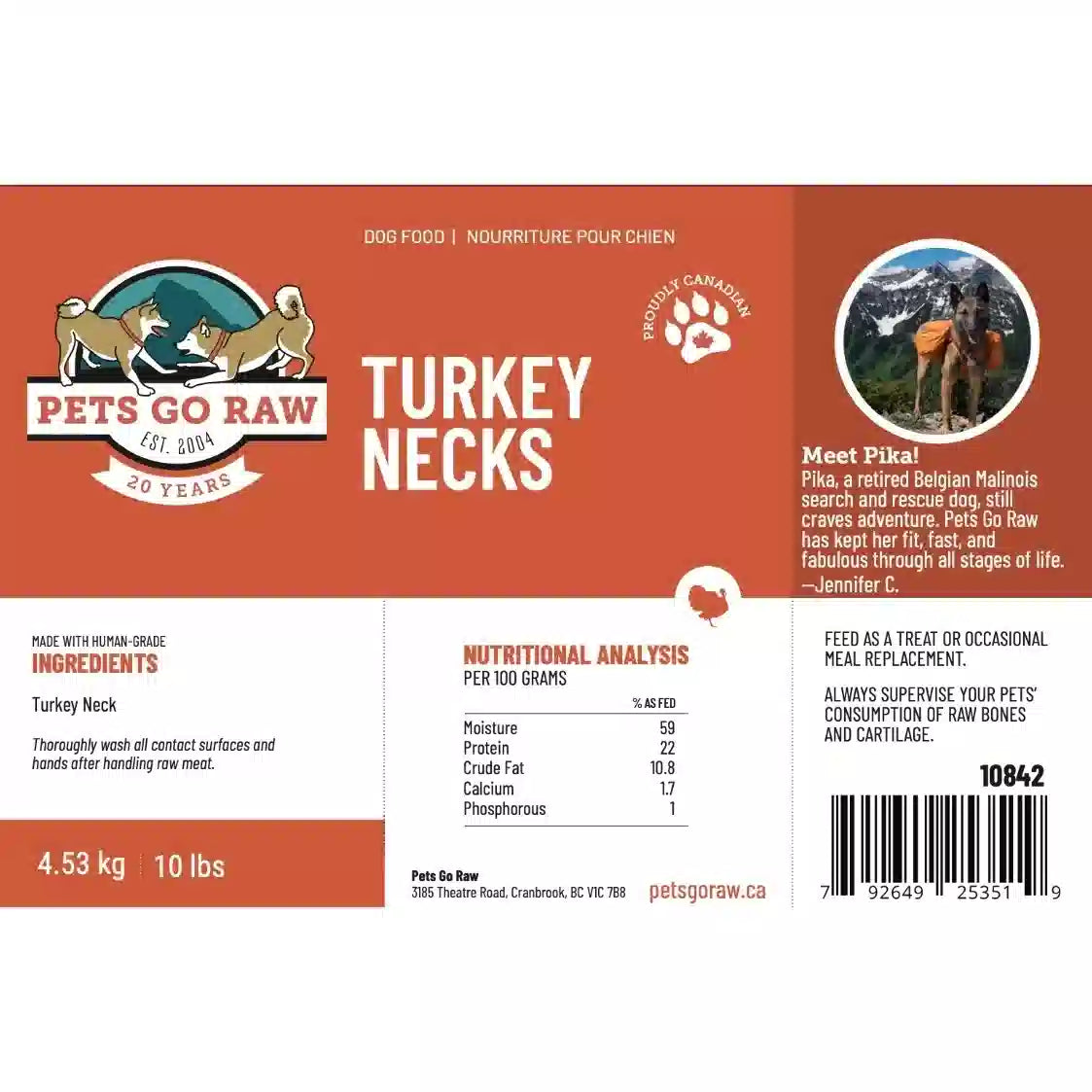Label for Pets Go Raw Turkey Necks dog food with branding and nutritional information.