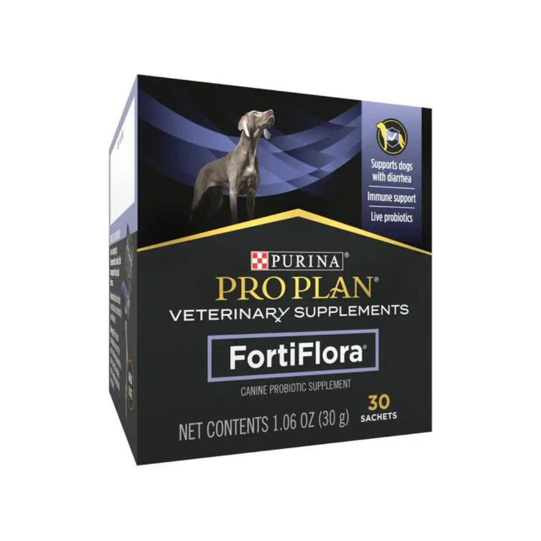 Purina Pro Plan FortiFlora veterinary supplement packaging with a dog on a white background
