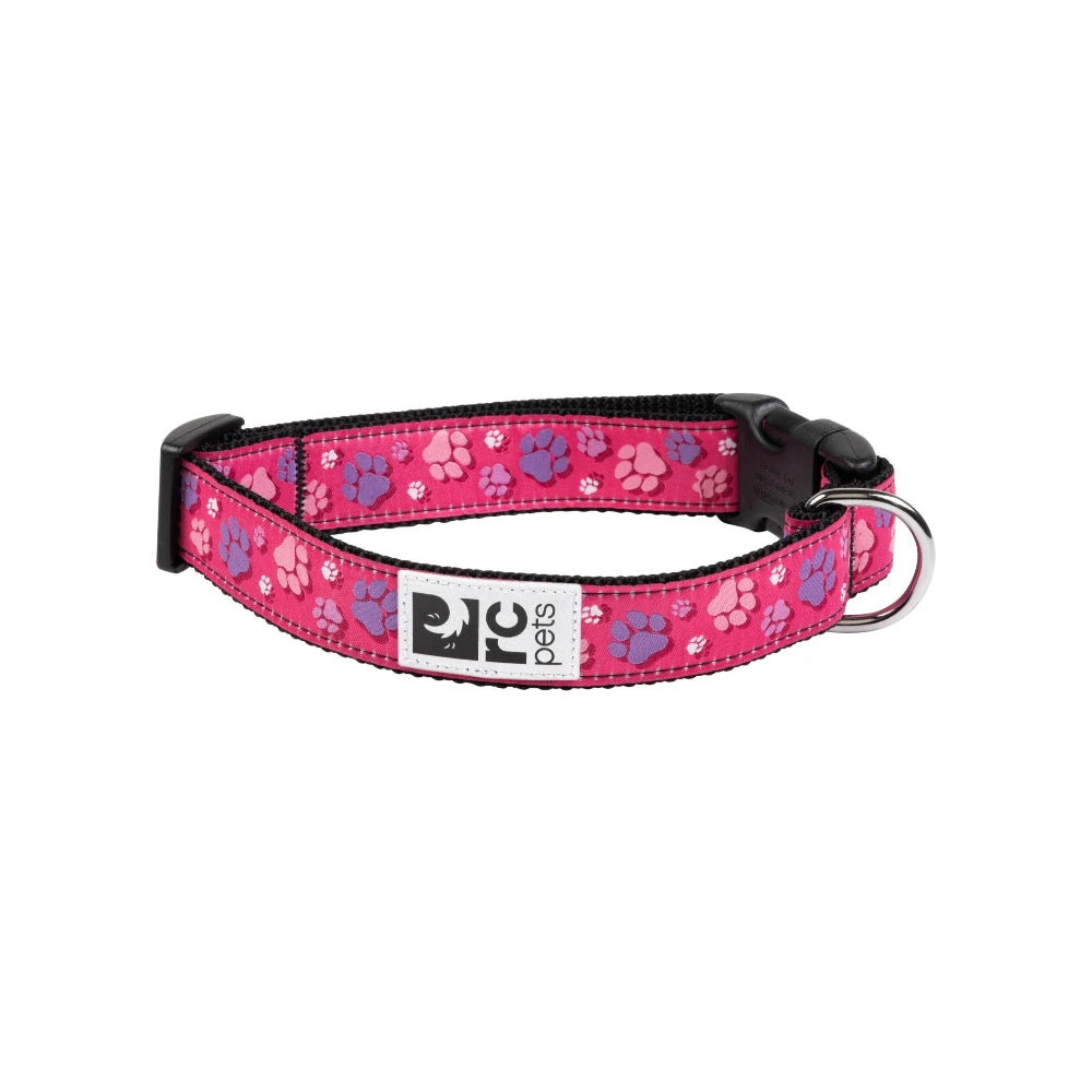 Pink dog collar with paw pattern on a white background