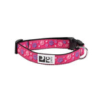 Pink dog collar with paw pattern on a white background
