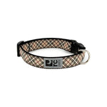 Plaid patterned dog collar with a visible brand logo on a white background