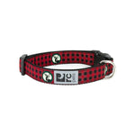 Red and black checkered dog collar with visible brand logo on a white background