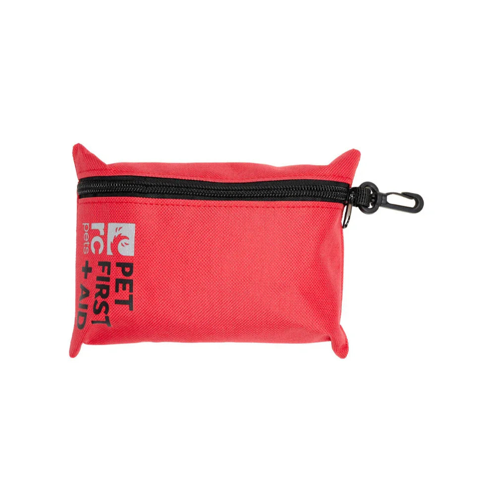 Red pet first aid kit with a black zipper on a white background