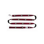 Red and black patterned dog leash on a white background