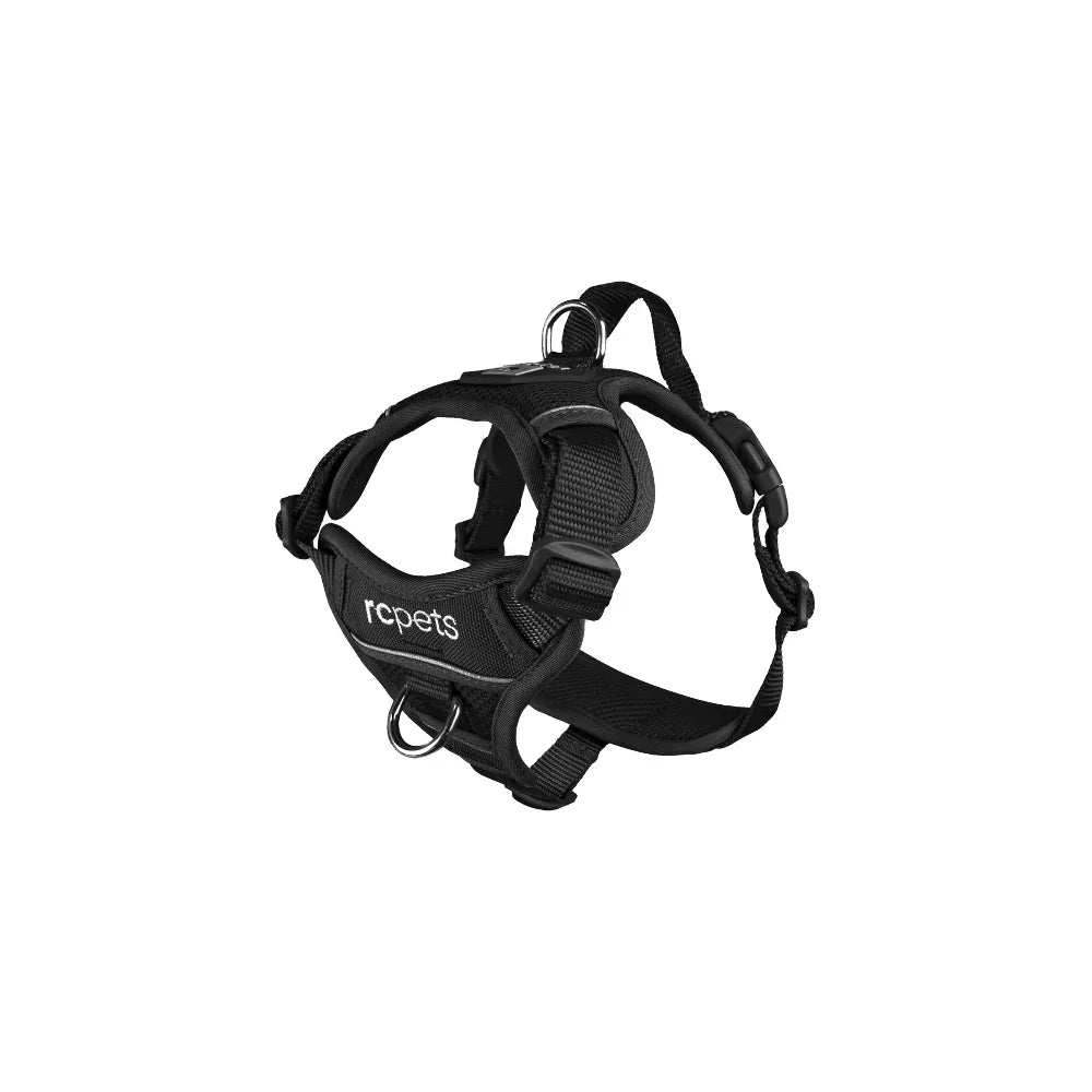 Black dog harness with 'rcpets' branding on a white background