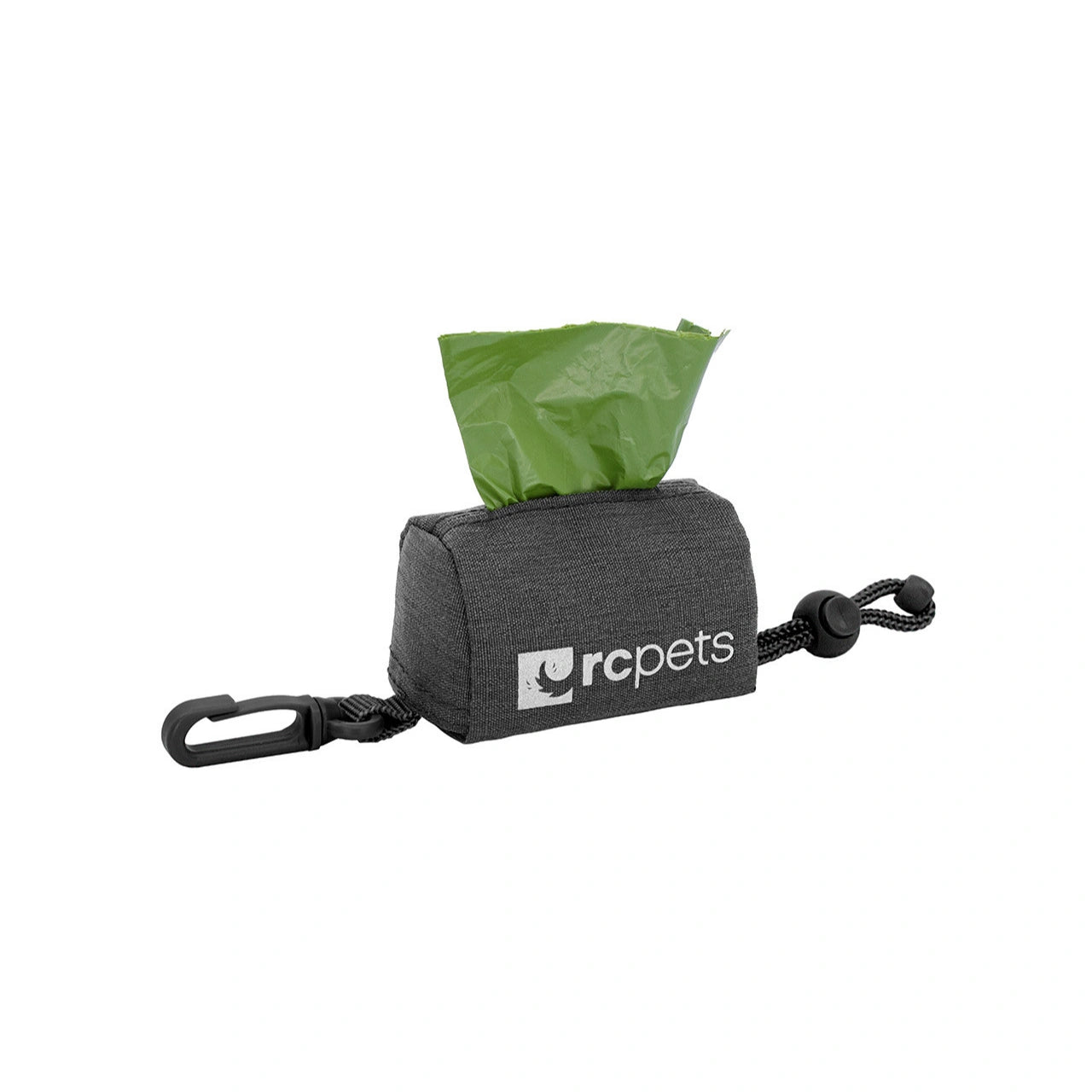 Pet waste bag dispenser with a green bag on a white background, featuring the rcpets brand.