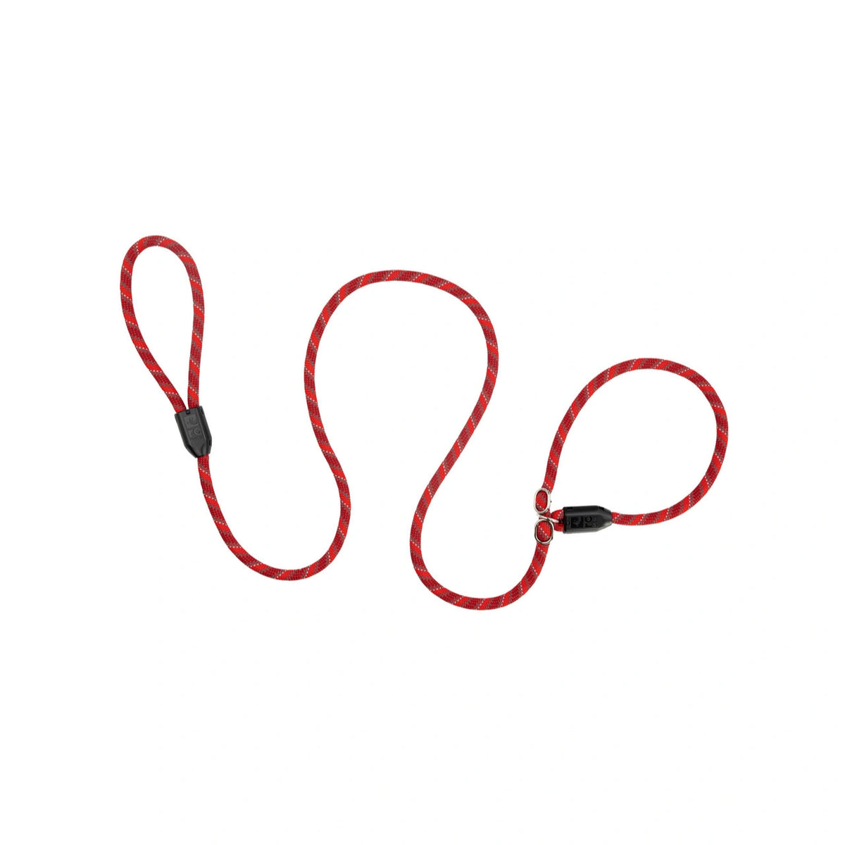 Red dog leash with black clips on a white background