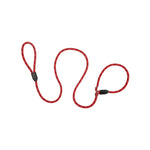 Red dog leash with black clips on a white background