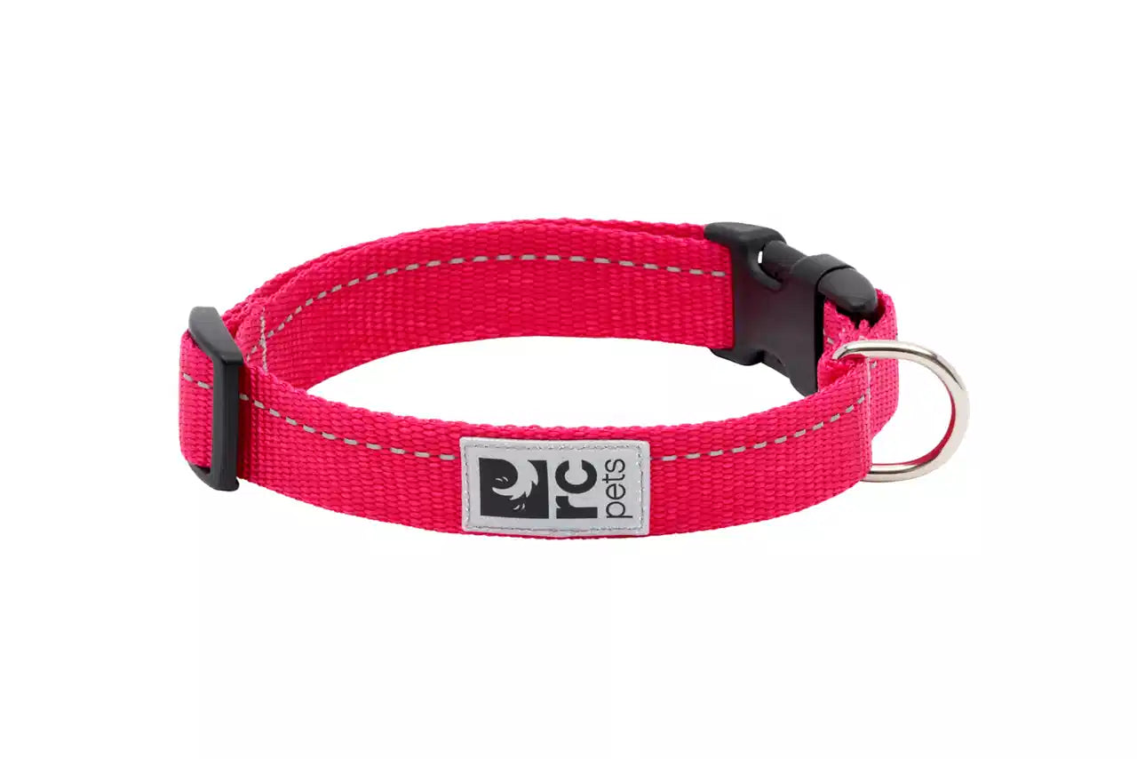 Pink dog collar with a black buckle and DPC Pets logo on a white background