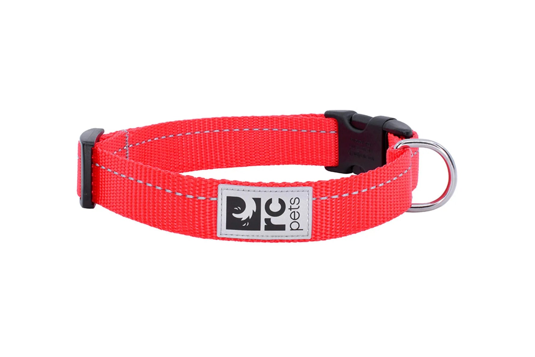 Red dog collar with a black buckle and D-ring on a white background