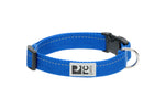 Blue dog collar with a black buckle and metal ring on a white background