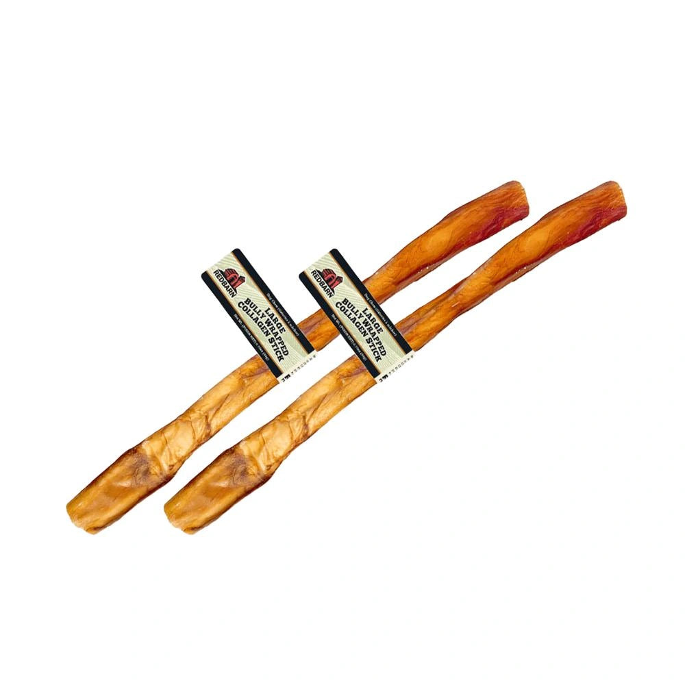 Two wooden dog chew toys with labels on a white background
