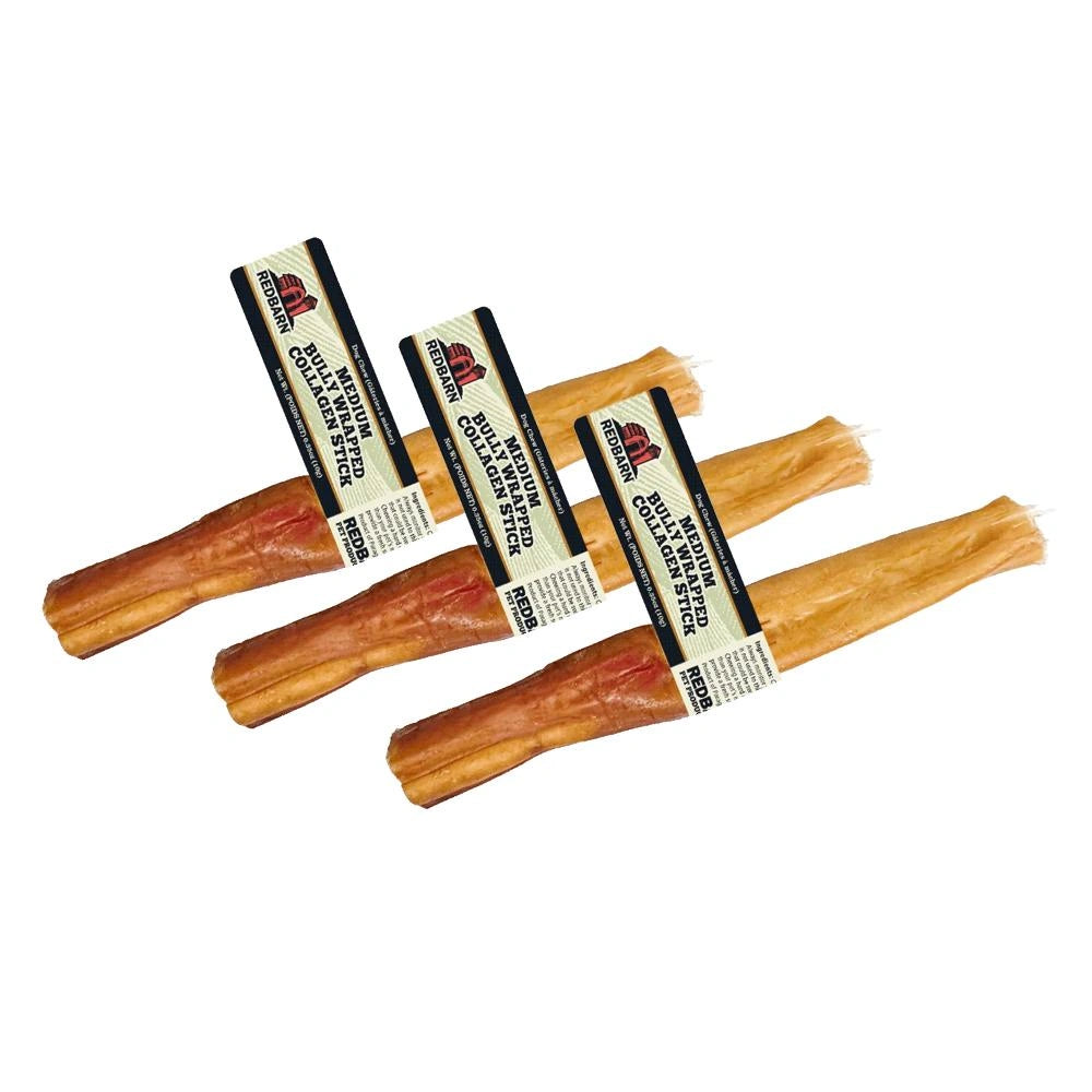 Three bully sticks with labels on a white background