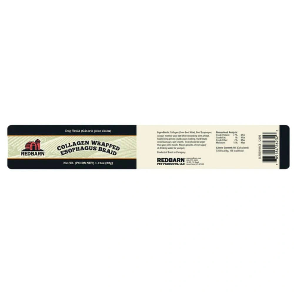 Collagen wrapped esophagus braid packaging with Redbarn branding on a white background