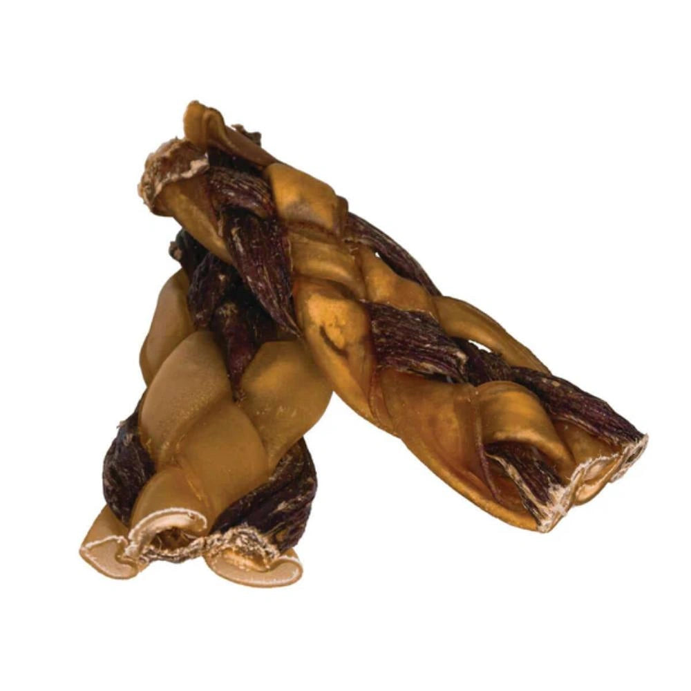 Braided dog chew treat on a white background