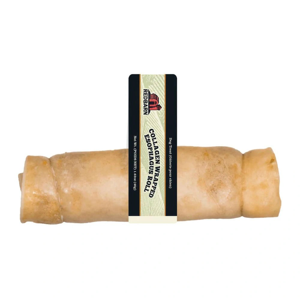 Collagen wrapped dog chew roll with a label on a white background
