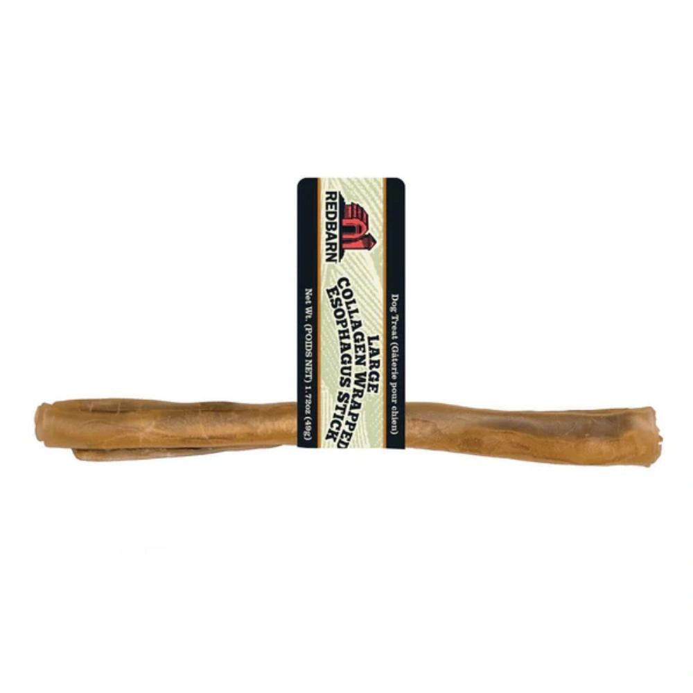 Collagen-wrapped beef stick with Redbarn branding on a white background