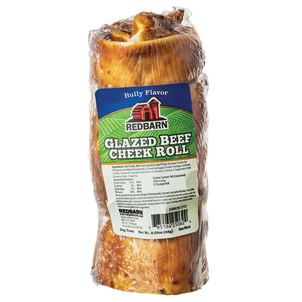 Redbarn Glazed Beef Cheek Roll treat for dogs in packaging on a white background