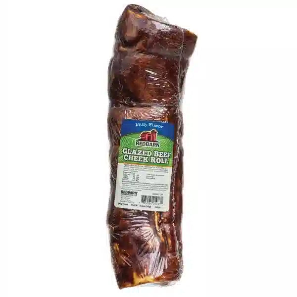 Packaged glazed beef cheek roll with Redbarn label on a white background