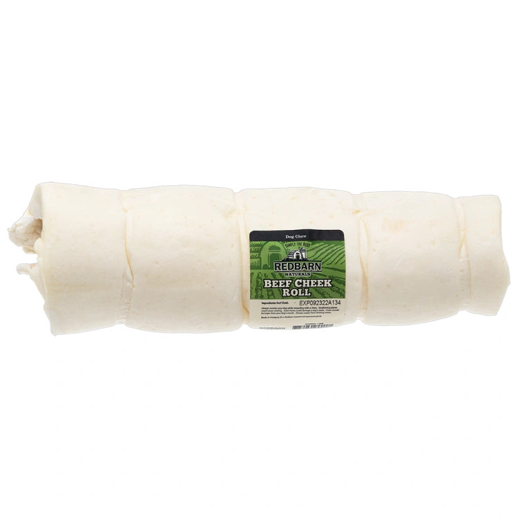 Beef cheek roll for pets with Redbarn label on a white background
