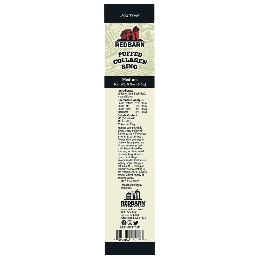 Redbarn puffed collagen ring dog treat packaging with label on a white background
