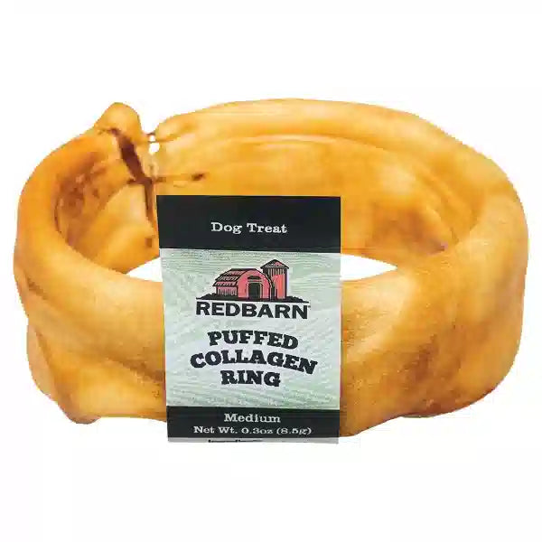 Puffed collagen ring dog treat with Redbarn label on a white background