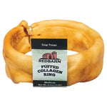 Puffed collagen ring dog treat with Redbarn label on a white background